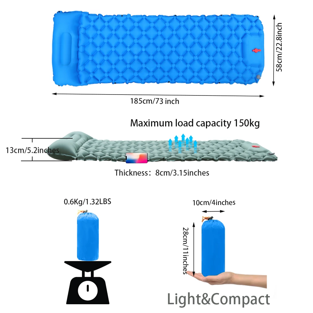 Matelas gonflable de camping avec oreiller intégré – Image 2