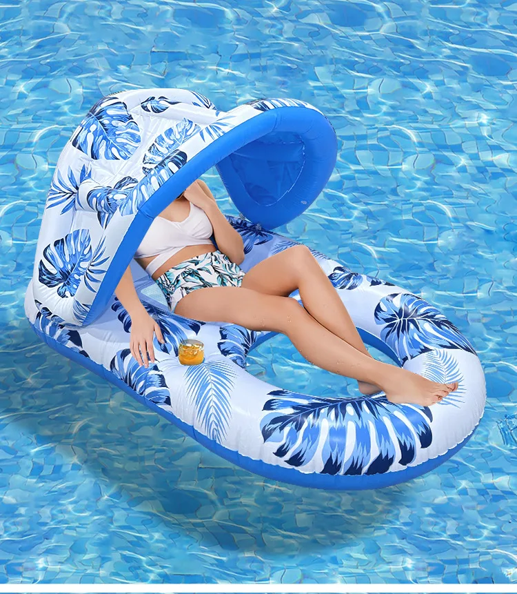 Hamac gonflable flottant pour piscine avec pare-soleil et porte-gobelets – Image 4