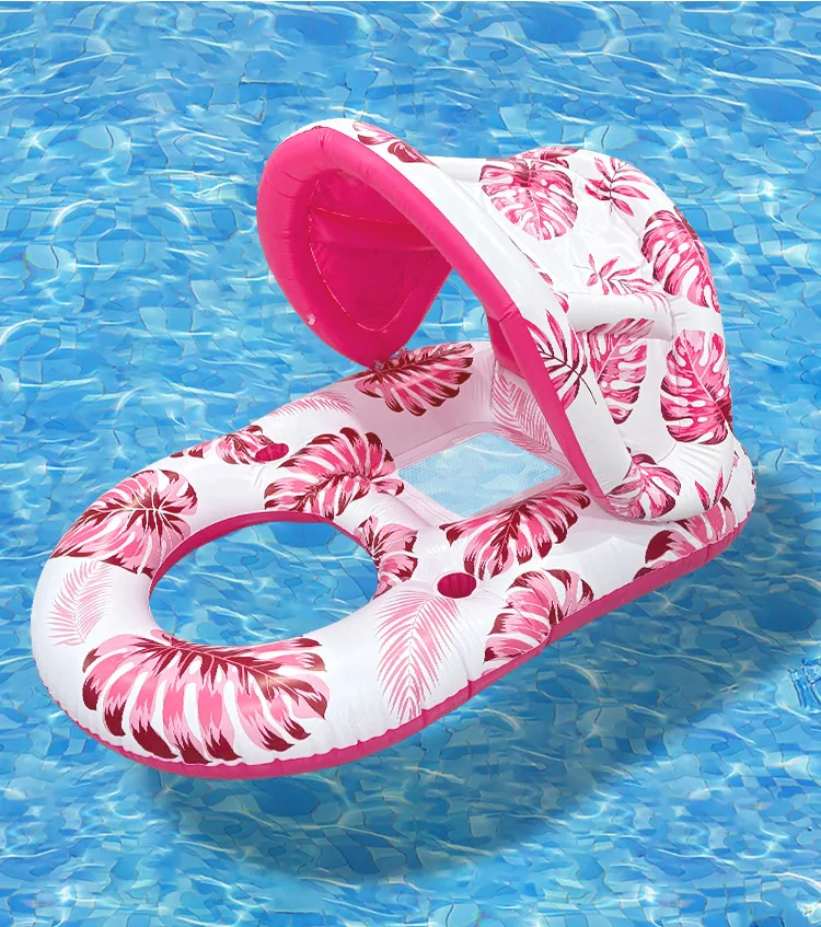 Hamac gonflable flottant pour piscine avec pare-soleil et porte-gobelets – Image 2