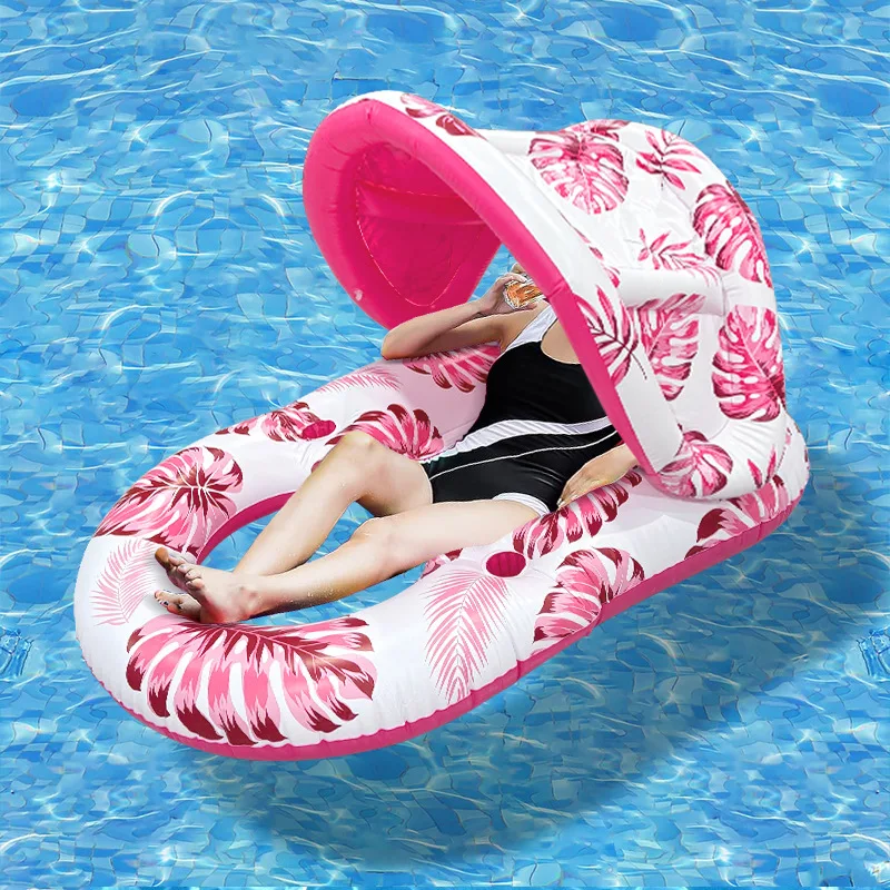 Hamac gonflable flottant pour piscine avec pare-soleil et porte-gobelets – Image 3