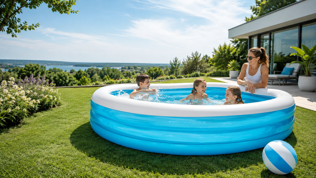 Piscine gonflable dans un jardin pour profiter de l’été