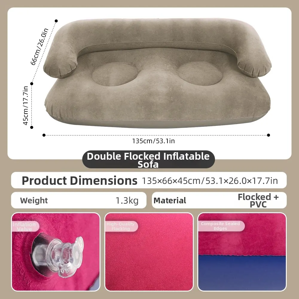 Canapé gonflable Beige double floqué portable pour intérieur et extérieur Beige – Image 3