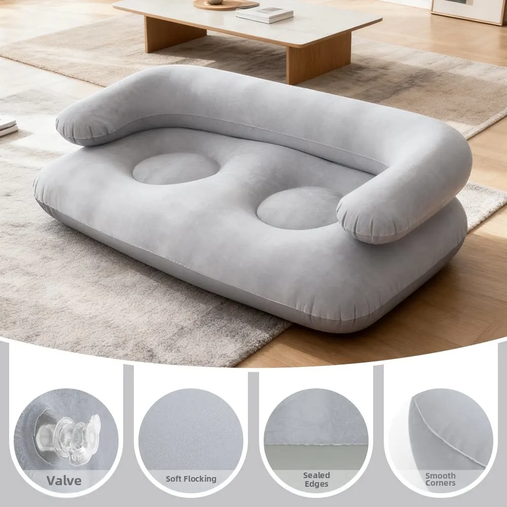 Canapé gonflable Gris double floqué portable pour intérieur et extérieur – Image 3