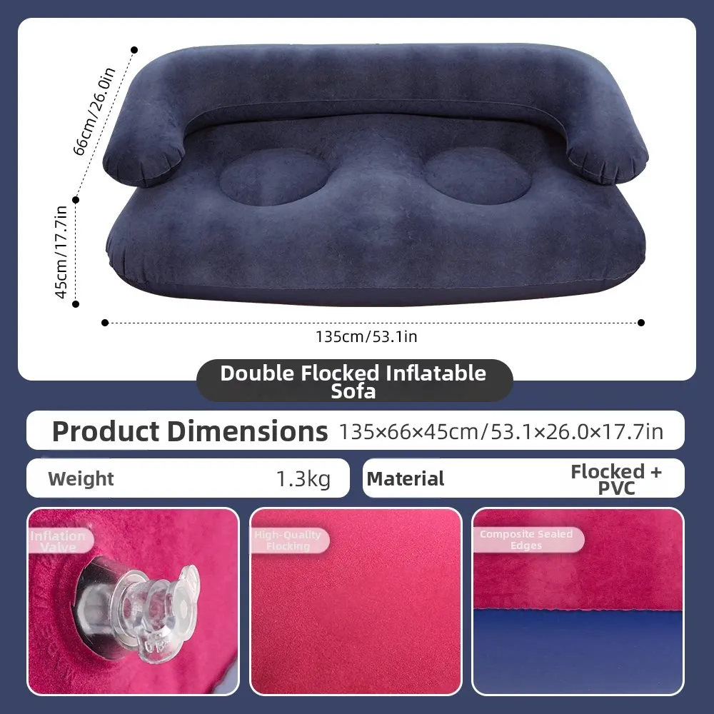 Canapé gonflable Bleu foncé double floqué portable pour intérieur et extérieur Noir