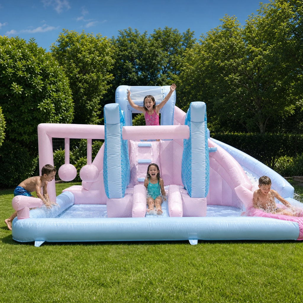 Château Gonflable Rose Princesse avec Toboggan Aquatique pour Enfants