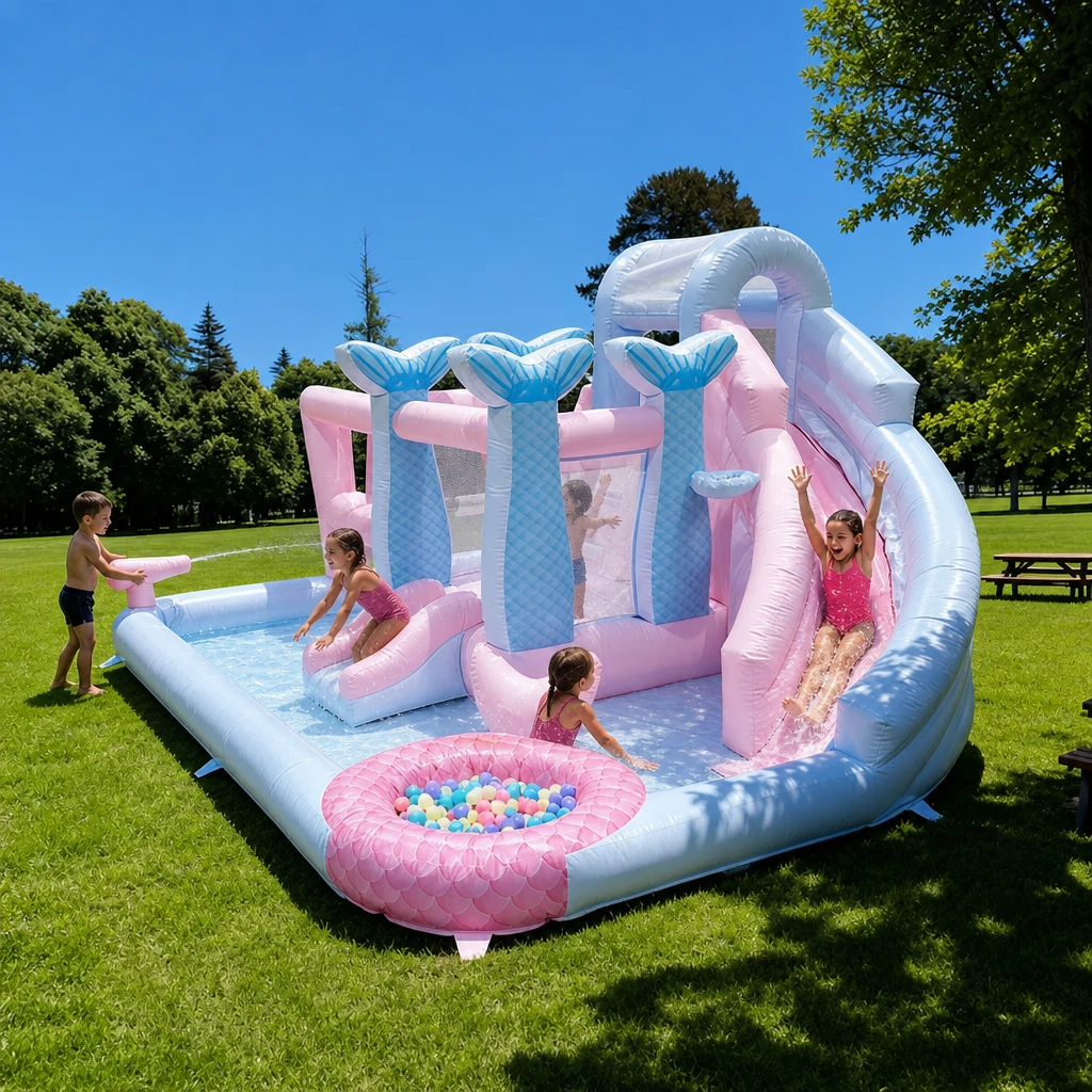 Château Gonflable Rose Princesse avec Toboggan Aquatique pour Enfants