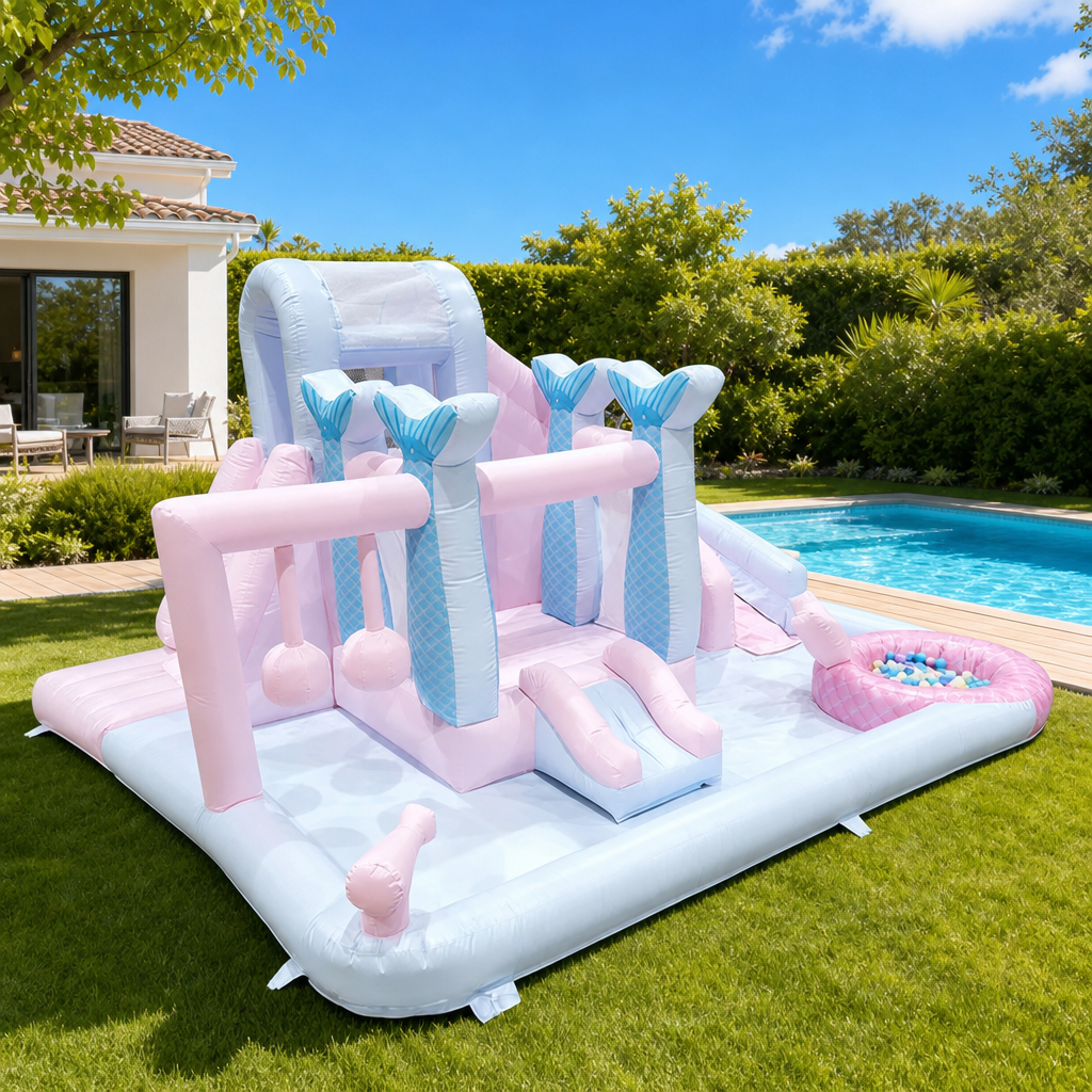 Château Gonflable Rose Princesse avec Toboggan Aquatique pour Enfants