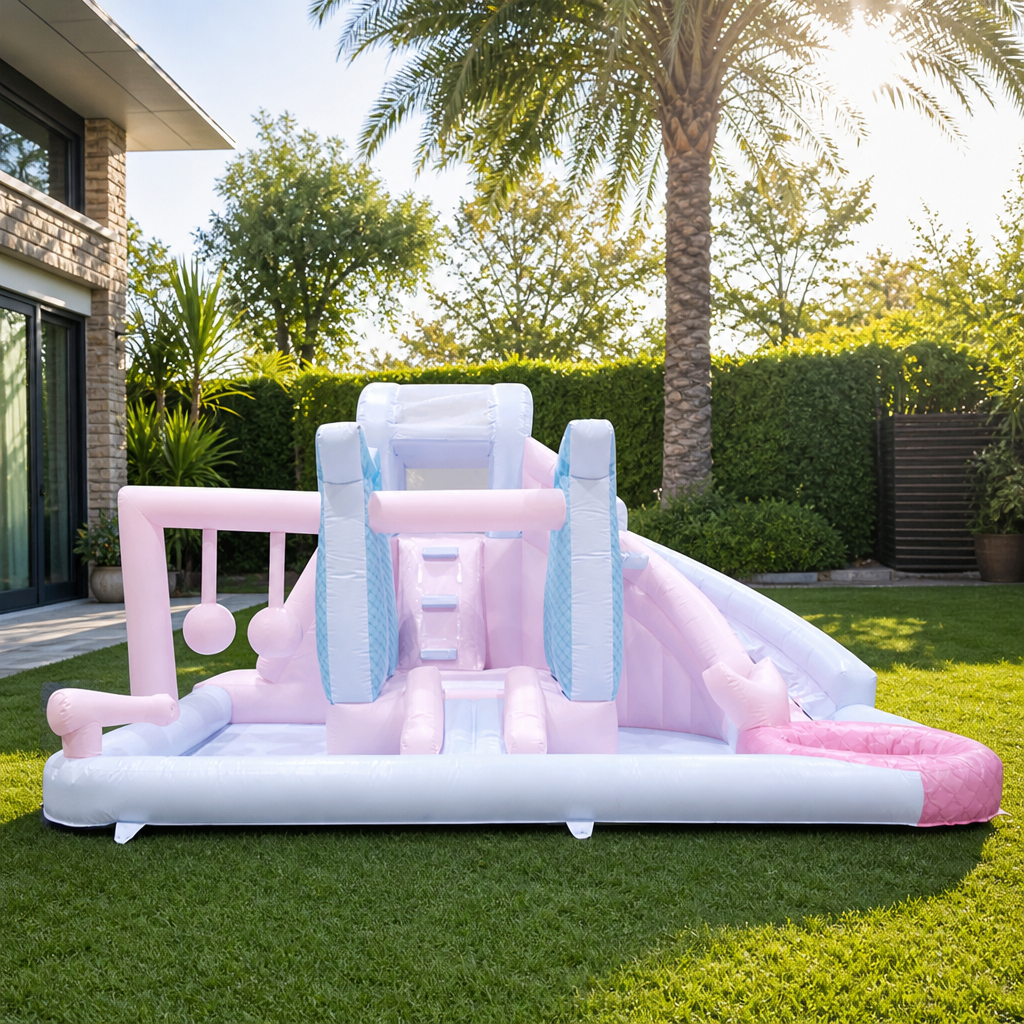 Château Gonflable Rose Princesse avec Toboggan Aquatique pour Enfants