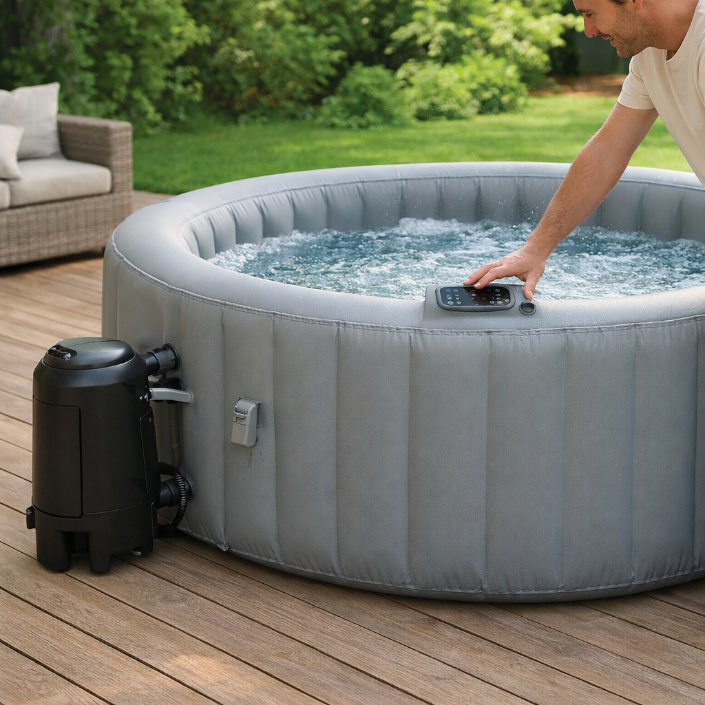 SucceBuy Baignoire à remous gonflable Spa extérieur portable avec couvercle de filtre à jet apaisant Panneau de commande multifonction Baignoire à remous extérieure en PVC