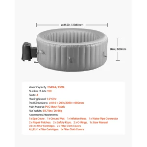 SucceBuy Baignoire à remous gonflable Spa extérieur portable avec couvercle de filtre à jet apaisant Panneau de commande multifonction Baignoire à remous extérieure en PVC