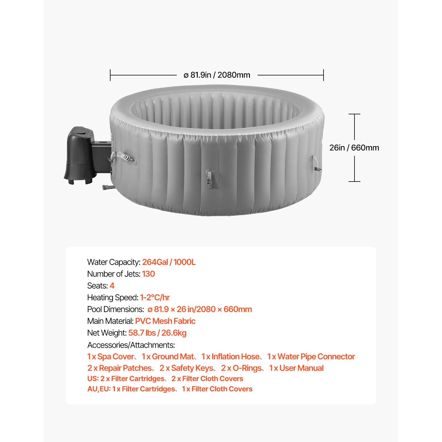 SucceBuy Baignoire à remous gonflable Spa extérieur portable avec couvercle de filtre à jet apaisant Panneau de commande multifonction Baignoire à remous extérieure en PVC