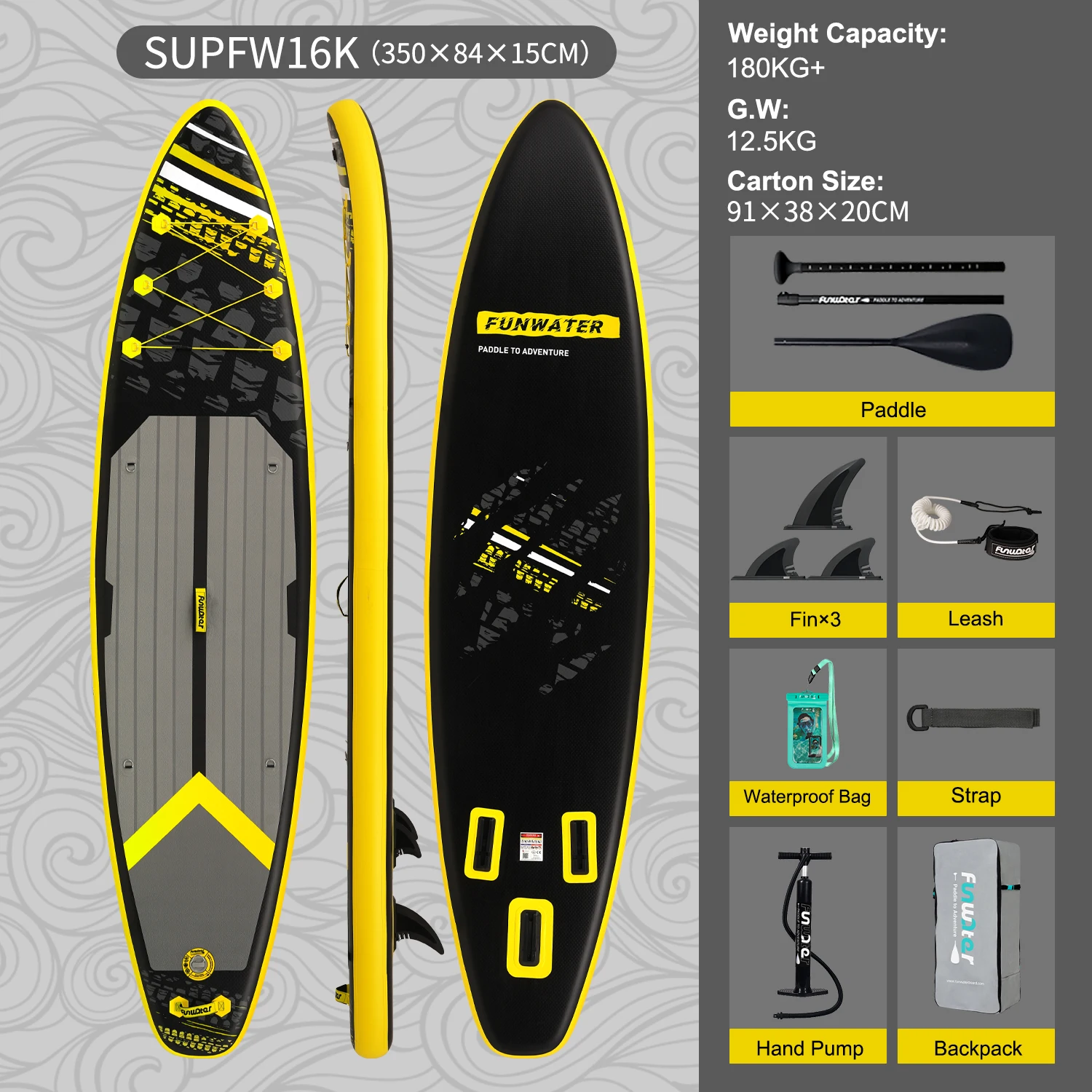 FunWater Stand Up Paddle Board grande taille 385 × 85 × 15CM planche de pagaie gonflable planche de Surf Surf Sup Board planche de pagaie antidérapante - SUPFW16K(350×90×15CM)
