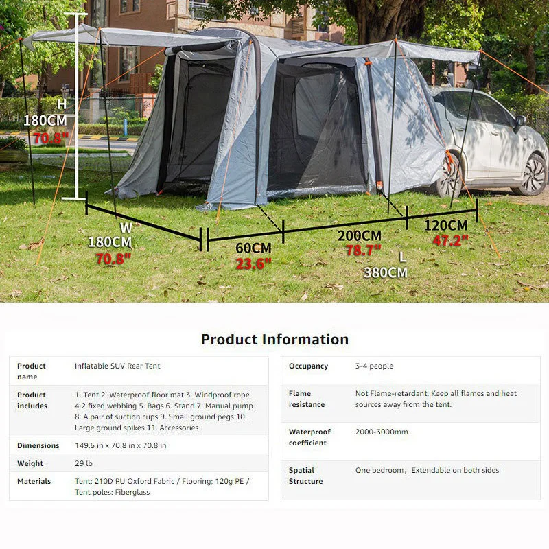 Tente arrière gonflable pour voiture, tunnel de camping en plein air, famille auto-conduite, barbecue touristique, pergola grand espace étanche Oxford 210D – Image 3
